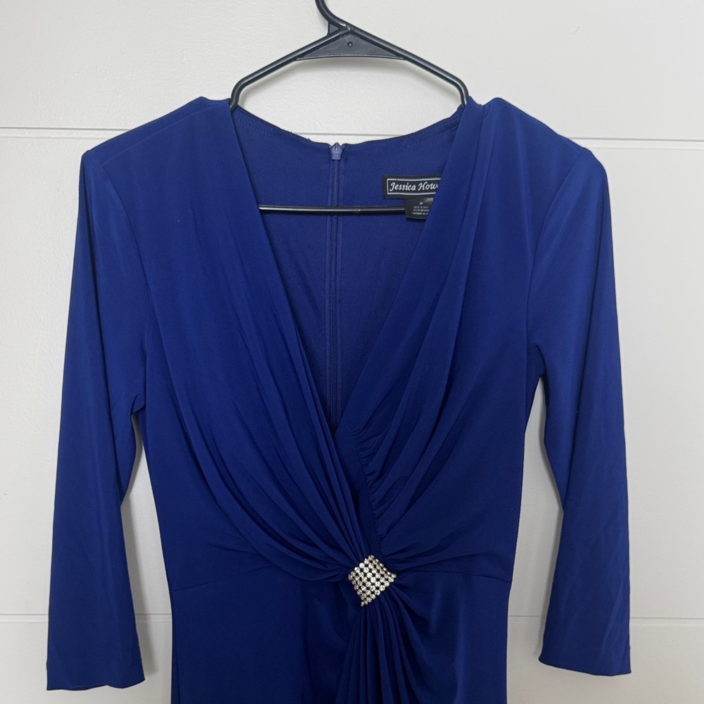 Jessica Howard Cobalt Blue V-Neck Draped Dress with Rhinestone Accent